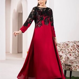 Elegant Red Long-Sleeve Embroidered Evening Dress